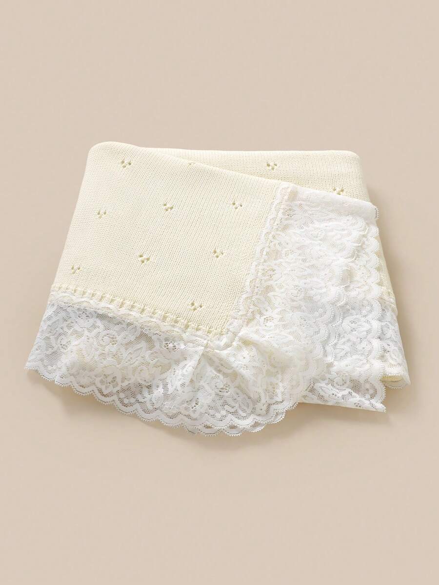 1pc Casual Minimalist Fashion Baby Knitted Blanket, Sweet Lace Patchwork Children's Cozy Throw Blanket, Suitable For All Seasons - Off-white - View 1