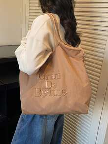 2026 Nuevo bolso de mano para mujer, diseño de nicho de gran capacidad para ir al trabajo, bolso de hombro casual y versátil de estilo minimalista y de moda, tela de nailon cómoda con diseño de color block, correas de hombro duales cómodas, diseño de apertura superior, capacidad espaciosa, de moda en línea - Caqui - Ver 3