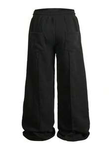 Men's Black Draped Wide Leg Pants With Drawstring Design, Loose Casual Trousers - Black - View 6