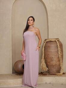 Vestido Feminino Listrado Solto Amarração no Pescoço Luxuoso Confortável Elegante - Rosê - Visão 2