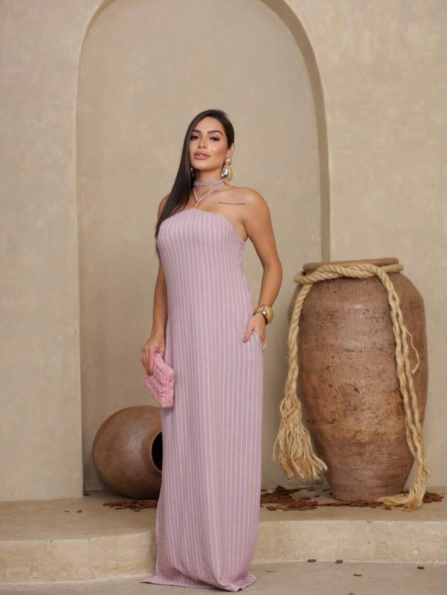 Vestido Feminino Listrado Solto Amarração no Pescoço Luxuoso Confortável Elegante