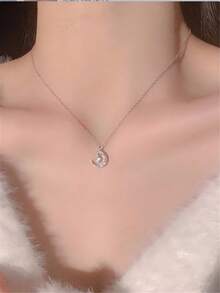 1 chiếc dây chuyền mặt dây chuyền hình ngôi sao và mặt trăng đính đá toàn bộ dành cho nữ - Bạc - Xem 1