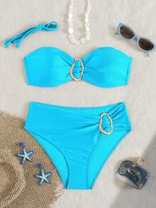 Conjunto de bikini de dos piezas con cuello halter de unicolor para mujer, con accesorio de metal en el medio, adecuado para vacaciones en la isla - Azul - Ver 6