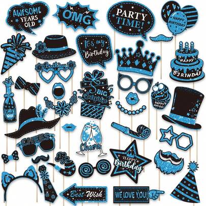 38pcs Blue Photo Booth Props, Birthday Photo Booth Decor, Party Supplies, Holiday Photo Decoration, Photo Booth Accessories For Birthday Party, Gifts, Posing Signs, Fun Party Favors