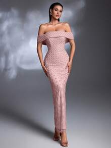 AMILUCK New Luxury High-End Sequin, Sequins, Lace Off-Shoulder Ruffle Hem Slit Elegant Dress, Suitable For Formal Occasions, Parties, Red Carpet, Weddings - Baby Pink - View 1