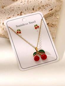 Set de 3 piezas de joyería de cereza dulce para mujer - Pendientes y collar románticos y lindos de moda, accesorios elegantes como regalo - Conjunto de collar y pendientes de cereza - Ver 3