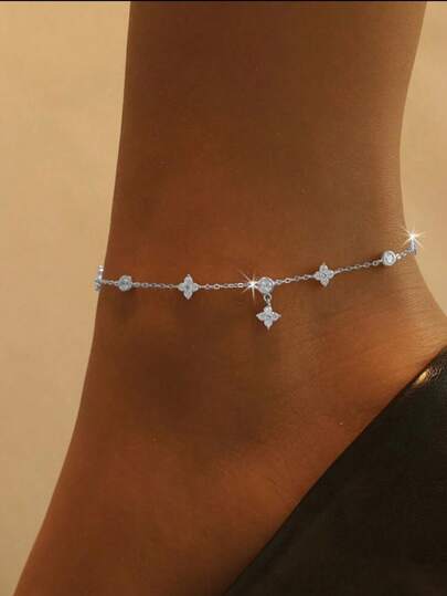 1 chiếc vòng chân nữ hình cỏ bốn lá thời trang, thiết kế đính đá Zirconia siêu nhỏ sang trọng, thanh lịch cho đeo hàng ngày, dự tiệc, họp mặt, đi biển.