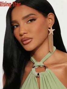 1 Pair Of Retro Bohemian Style Metal Star-Shaped Tassel Long Earrings, Starfish Earrings, Jewelry Matching, Suitable For Wearing During Vacation And Travel. - Starfish Tassel Earrings - View 3