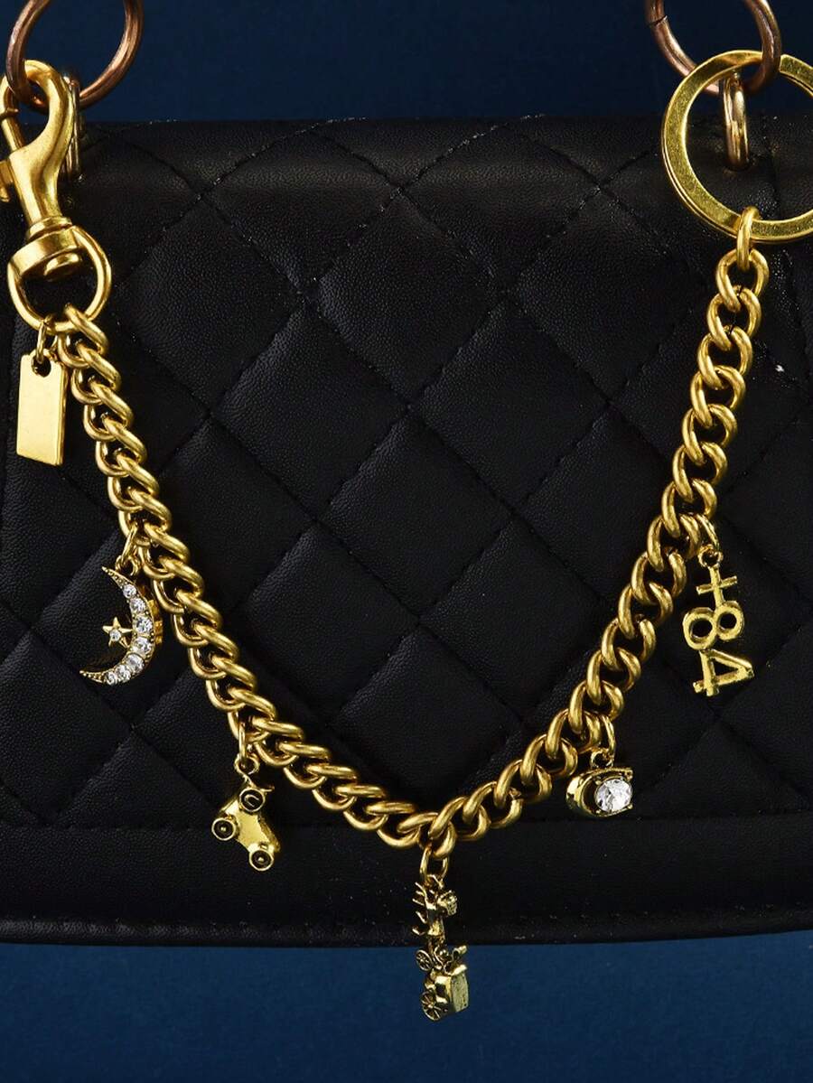 1pc Stylish Retro-Style Geometric Star, Moon, And Carriage Pendant Bag Chain With Gold Rhinestone Embellishments, Perfect For Women's Everyday Wear And Party Bag Styling. - Gold - View 1