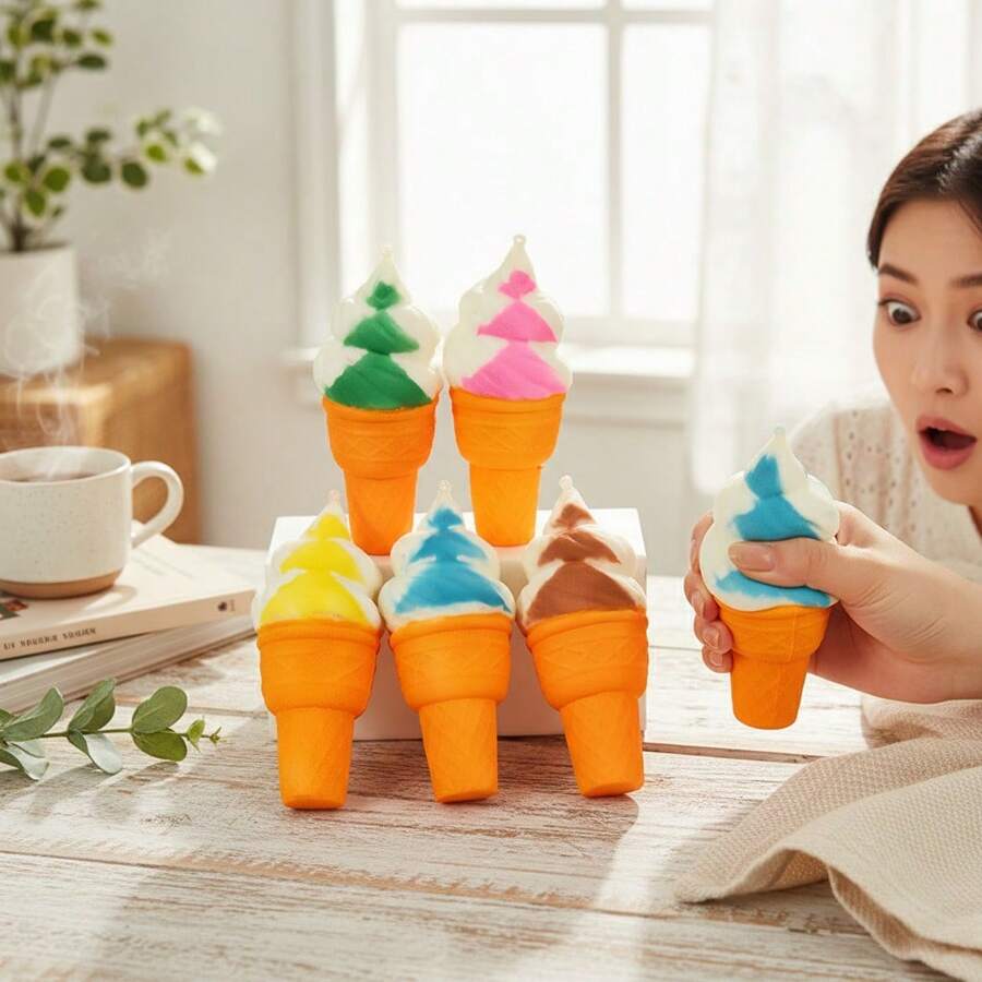Realistic Torch Ice Cream Slow Rising Squishy Toy, Swirl Cone Stress Relief Fidget, Kawaii Dessert Decompression Gift - Màu Hoa hồng đỏ - Xem 1