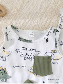 Bộ 2 món áo vest in hình khủng long cho bé trai, bộ đồ thường ngày dễ thương mùa hè cho trẻ sơ sinh và trẻ nhỏ. - màu xanh lá - Xem 4