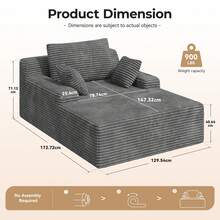 Schlafsofa / Chaise Longue 172*129*40 cm, Cordstoff, Bequeme Polsterliege mit Kissen, Weiches Lounge Sofa, Modernes Design, Kein Aufbau erforderlich - Dunkelgrau - Übersicht 2