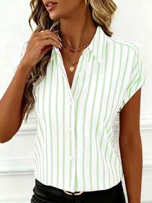 Women's Elegant Polyester Short Sleeve Collared Button Striped Print Shirt/Blouse, Regular Fit, Suitable For Spring/Summer, Daily, Work, Party, Travel, Fashionable & Versatile - Mint Green - View 9