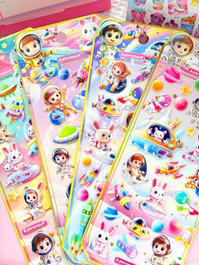 这些3D贴纸采用立体浮雕设计，以可爱的宇航员、兔子和机器人为主题，它们藏身于宇宙飞船之中。贴纸采用高透明度、光泽度高的背胶材料制成，防水、耐磨，且不留残胶。它们完美融合了可爱冒险元素和实用功能，非常适合DIY装饰笔记本、手机壳和文具。