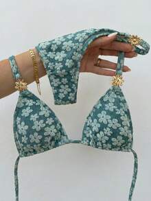 Bikinx Women's Cute High Waist Khaki Ditsy Floral Bikini Set, Tie-Back Design - Green - View 8