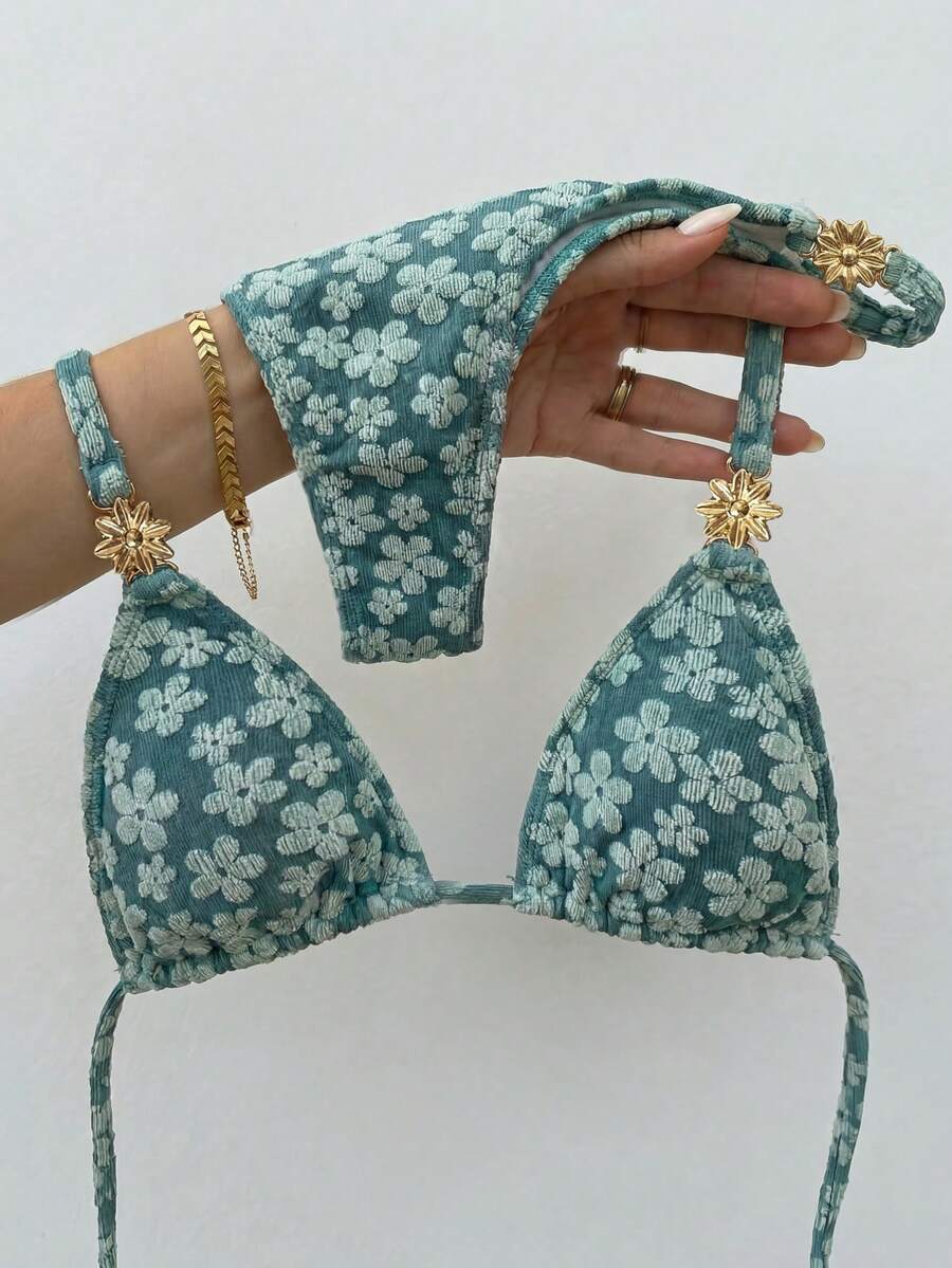 Bikinx 女士可爱高腰卡其色碎花比基尼套装，系带后背设计