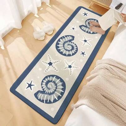 1pc Ocean Series Running Carpet, Featuring Seashell Pattern, Spring/Summer Ocean Themed Carpet, Displaying Blue And White Beach Design, Suitable For Bedroom Use