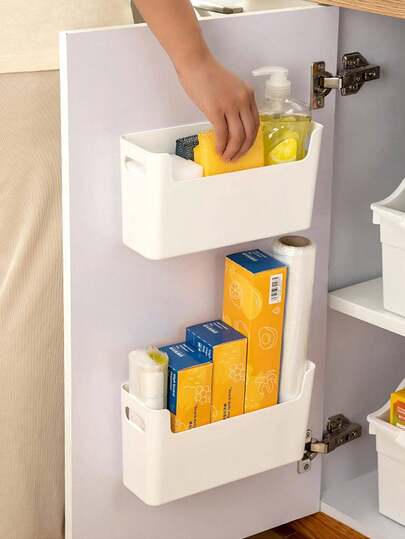 1/2pcs Kitchen Wall-Mounted Storage Box, Cabinet Storage Box For Home, White Kitchen Storage Rack, No-Drill Cabinet Door Storage Box On The Inside Of The Cabinet, Suitable For Kitchen, Bathroom, Bedroom, And Office Storage, Kitchen Supplies, Kitchen Organizer, Kitchen Gadgets, Kitchen Accessories