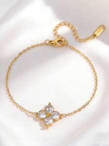 18K镀金圆形水晶四叶草手链，简约闪亮波西米亚风可调节不锈钢链手链，适合海滩度假 - 四葉草 - 查看 3