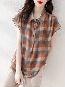 YUXIN Chiffon Short Sleeve Shirt For Women, Summer, Loose Design Plaid Print Blouse - Coffee Brown - View 7