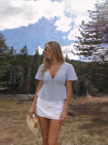 Women's Casual Summer Vacation Loose Design Blue Flare Sleeve Striped Short Sleeve Shirt With Front Button Closure - Navy Blue - View 4