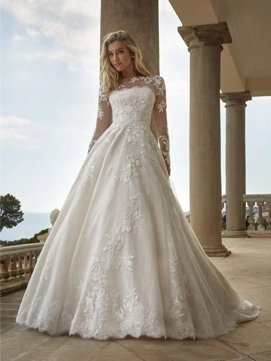 Sheer Long Sleeve Lace Tulle Wedding Dress With A-Line Skirt, Romantic Dream Bridal Gown With 3D Lace Appliqué And Sparkle Tulle Layers, Perfect For Garden Weddings, Autumn Ceremonies, Holiday Celebrations, Christmas, Halloween, Birthday Parties, Prom Nights, Evening Receptions, Special Occasions, Featuring Soft Movement, Feminine Sweep, Comfortable Fit, Timeless Elegance, Statement Dress For Brides Seeking Delicate, Elegant, Refined, And Dreamlike Look With Layered Texture And Subtle Shine - 白色 - 查看 1