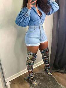 Women's Summer Fashionable High Waist Cuffed All-Match Versatile Denim Shorts Casual Black - Light Wash - View 3