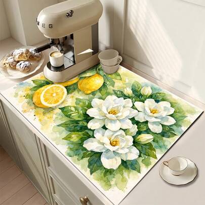 1pc Lemon Print Absorbent Drying Mat, Kitchen Decor Coffee Machine Mat, Handmade Coffee Pot Draining Pad, Kitchen Floor Mat, Dining Table Mat, Kitchen Counter Dish Drying Mat, Coaster, Beverage Mat, Breakfast Mat, Heat-Resistant Anti-Slip Draining Mat, Diatomite Draining Mat, Hides Stains, Super Absorbent Kitchen Mat, Easy To Clean Dish Rack Mat, Suitable For Kitchen, Dining Table, Cafe, Bar, Holidays, Parties, Home Decor, Holiday Gifts