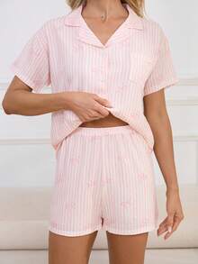 2pcs Women's Spring/Summer Pajama Set, Minimalist & Fashionable Sleepwear Set, Printed Button-Up Cardigan Short Sleeve Pocket Pajama Top And Shorts - Pink - View 5