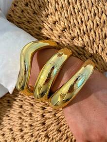 3pcs/1set Vintage Elegant Fashion Exaggerated Wide Face CCB Bohemian Punk Geometric Asymmetrical Braided Wavy Smooth Open Bangle Bracelet Set, Minimalist Personalized Versatile Hip-Hop Luxury High-End Y2K Thick Bracelet Suitable For Women Men Couples Summer Beach Party Date Gift All Seasons Daily Wear Accessory - Yellow Gold - View 1