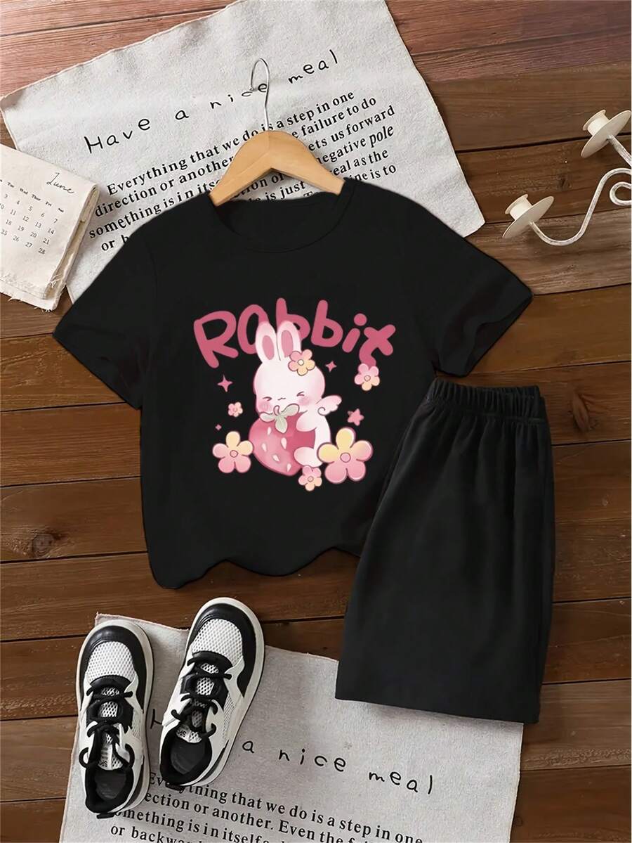 Girls' Daily Casual T-Shirt Set Cute "RaBBiT" & Strawberry Rabbit Pattern Print, Polyester 100%, Slight Stretch, Knit Fabric, Short, Regular Fit, for outdoor, Summer, Girls' Daily Casual Wear - Preto - Ver 1