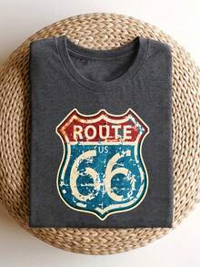 Route Us 66 Sign Women's Plus Size Colorful Cotton Print T-Shirt, Soft Breathable Cotton Blend Casual Tee, Perfect For Daily, Party, Vacation, Outdoor, Sports, Easter & Mother's Day Gift Graphic Tee 100 Percent - 灰色 - 查看 1