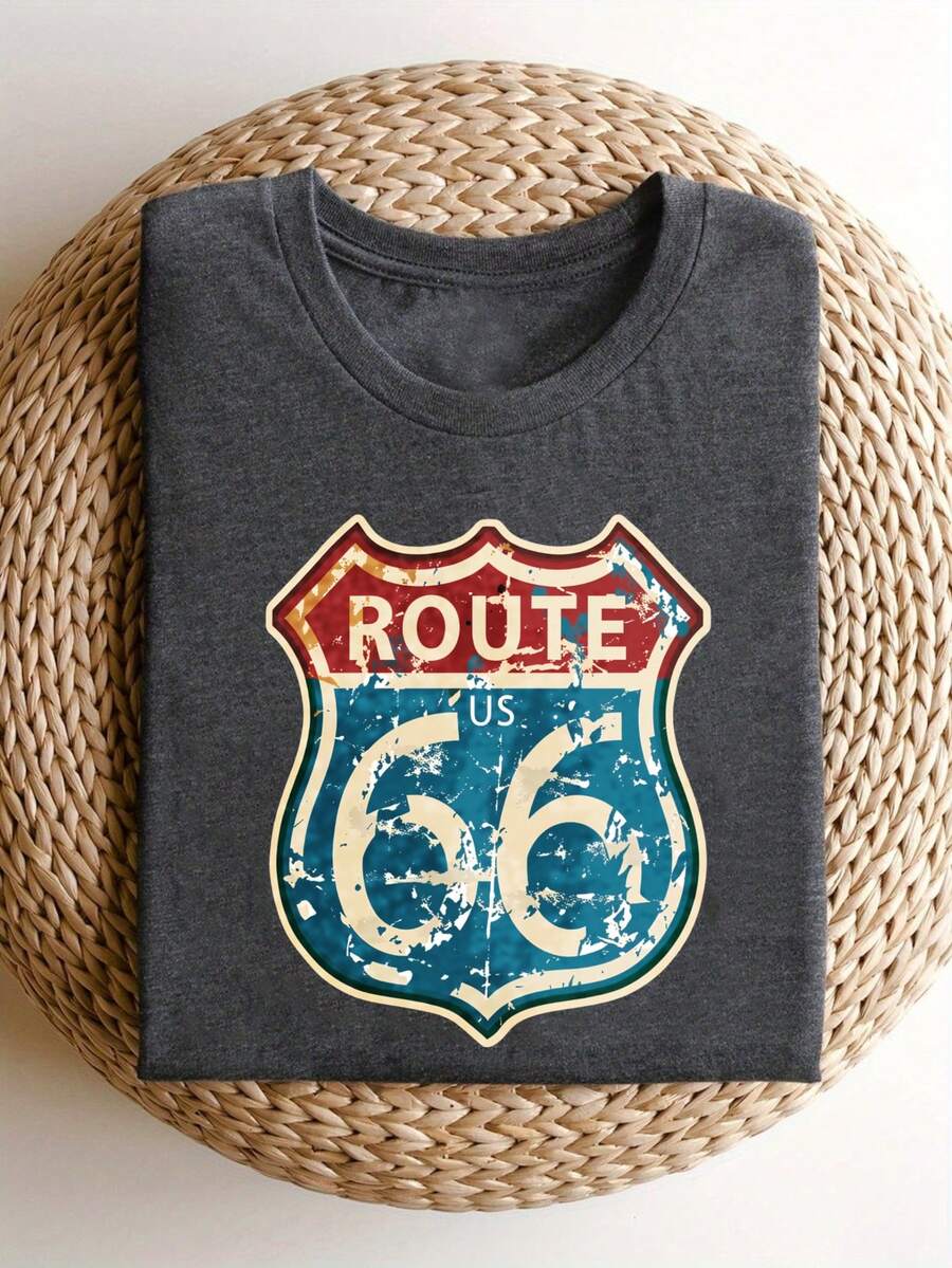 Route Us 66 Sign Women's Plus Size Colorful Cotton Print T-Shirt, Soft Breathable Cotton Blend Casual Tee, Perfect For Daily, Party, Vacation, Outdoor, Sports, Easter & Mother's Day Gift Graphic Tee 100 Percent - 灰色 - 查看 1