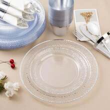 350PCS Clear Plastic Plates With Silver Trim For 50 Guests Disposable Dinnerware Set For Party And Wedding Includes 100 Plastic Plates 50 Pre Rolled Napkins With Silver Silverware 50 Cups - 銀 - 查看 5