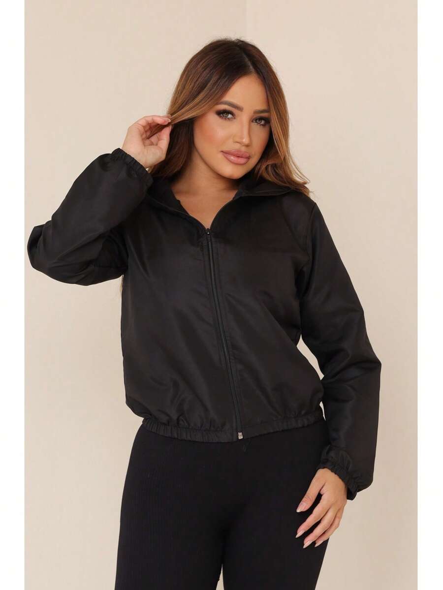 Women's Basic Plain Windbreaker Simple Zipper Drawstring Holiday - màu đen - Xem 1