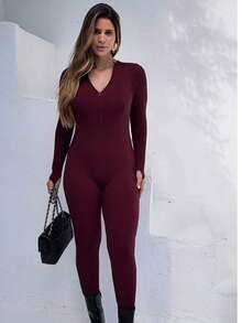 Women's Fitted Ribbed Jumpsuit With Front Zipper And Elegant Long Sleeves, Knit Fabric, Winter - Redwood - View 4