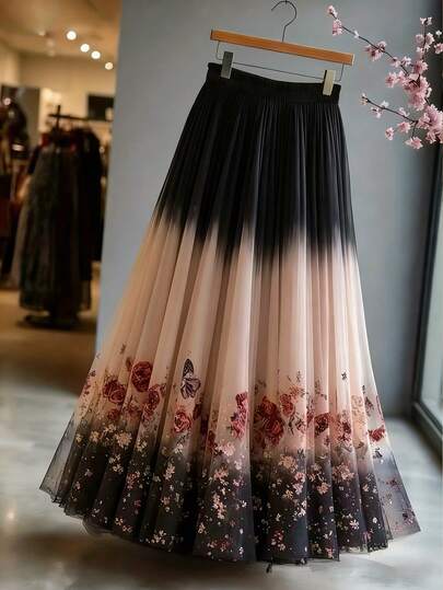 Fashionable Casual Vacation Colorblock Rose & Butterfly Pattern Designed Lightweight Elegant Romantic Flowy Skirt, Suitable For Brunch Occasions In Spring/Summer