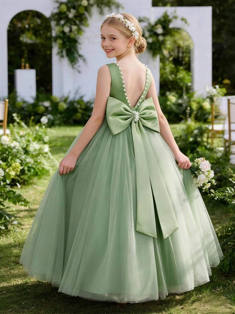 Vestido floral con decoración de lazo elegante para niña preadolescente, vestido de princesa adecuado para bodas, fiestas, cumpleaños, bailes de graduación y ocasiones especiales de adolescentes - verde menta - Añade 1