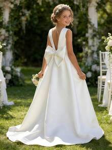 Tween Girl Bowknot Back Deep V Princess Dress, Suitable For Birthday Party, Wedding, Prom, Holiday Occasions - White - View 1