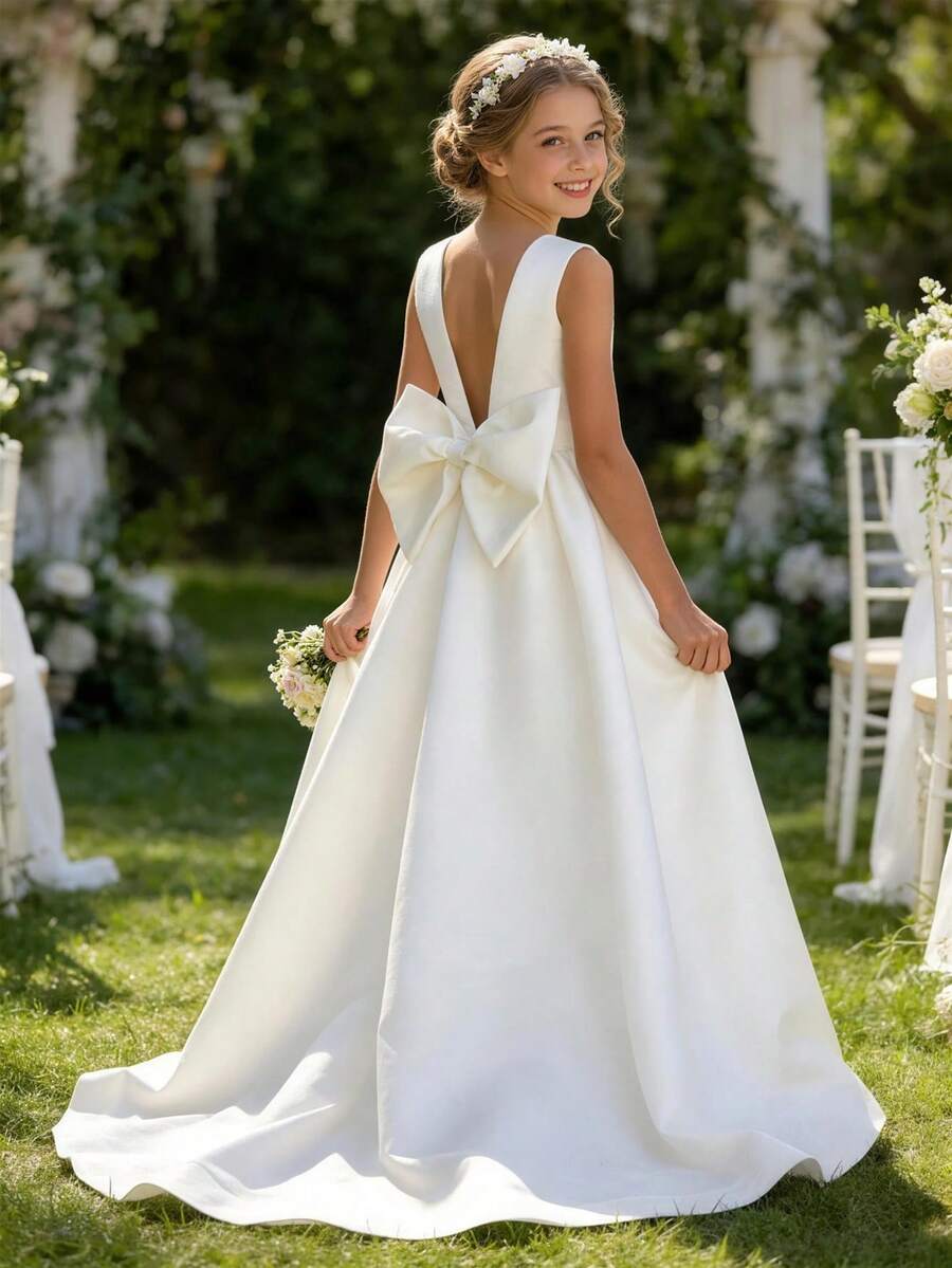 Tween Girl Bowknot Back Deep V Princess Dress, Suitable For Birthday Party, Wedding, Prom, Holiday Occasions - White - View 1