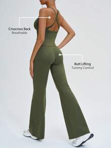 NcmRyu 1 Set Donna Canotta con Spalline Sottili e Schiena Scoperta, Incrocio Frontale e Pantaloni a Zampa Sportivi - Verde militare - Visualizzare 9