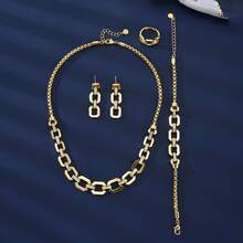 5-Piece Set. European/American 18K Gold Plated Geometric Shape Connection Zirconia Jewelry Set. Suitable For Women's Fashionable Rings, Ladies' Chain Necklaces, Earrings, Bracelets, And Rings. Ideal For Daily Simple Wear As A Great Gift. - Yellow Gold - View 7