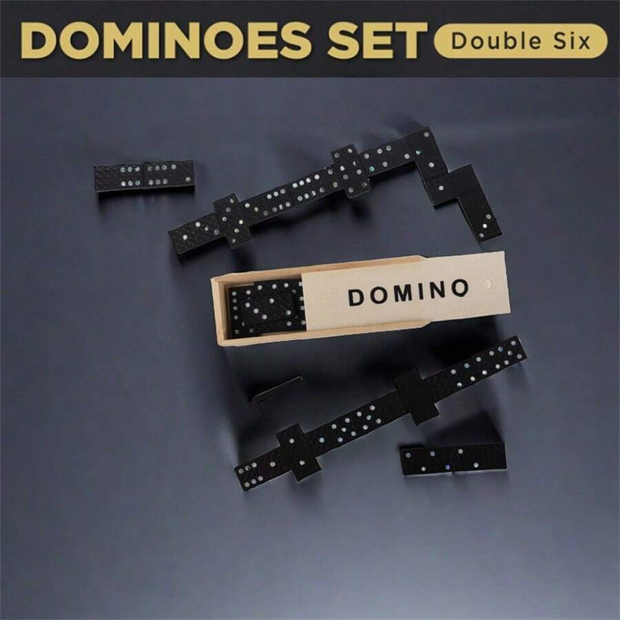 28pcs Black Domino Tiles In Wooden Box, Wooden Domino Board Game Educational Toy - Black - View 1