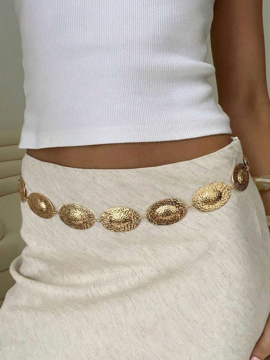 1pc Fashion Punk Style Dotted Oval Linked Waist Chain, Versatile Geometric Body Chain, Great Gift Choice - Gold - View 1