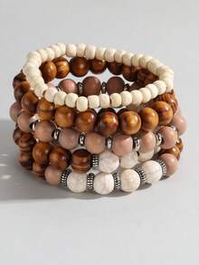 Conjunto de 5 pulseras de cuentas de madera unisex, conjunto de regalo de joyas de moda - Multicolor - Ver 14