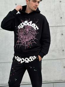 Men's Sweatshirt And Pants Set,Y2k Hoodies , Hip Hop Spider Web Pattern Graphic Alphabet Print Harajuku Vintage Hoodie Long Sleeve Street Wear Top For Both Men And Women Oversized Hoodies - 黑色 - 查看 2