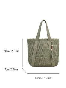 Esta bolsa de paja simple pero elegante es versátil y presenta un diseño de unicolor, lo que la convierte en ideal para los desplazamientos diarios. Combinando estética y practicidad, su diseño inspirado en la playa la convierte en el compañero perfecto para viajar, trabajar y hacer compras. - Verde - Ver 3