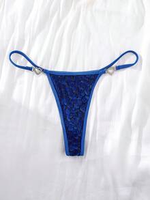 两件套女士蓝色豹纹性感内衣套装，模糊豹纹印花，系带后背文胸，心形金属装饰，薄纱花卉面料浪漫内衣套装 - 藍色 - 查看 9