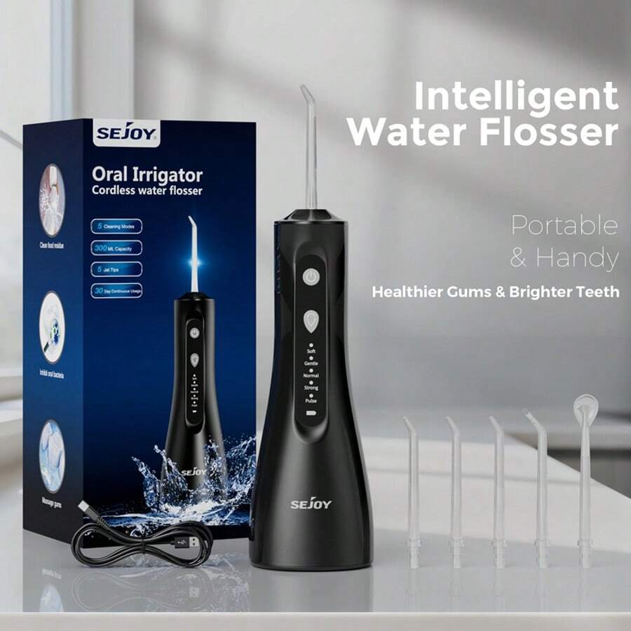Sejoy Water Flosser, 300ml Water Tank With 5 Nozzle Tips, 5 Modes, USB Charging, For Home And Travel, IPX7, Dental Irrigator,Best For Gift - 黑色 - 查看 1