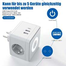 HITRENDS 5-In-1 German Standard Multi-Functional Magic Plug Socket With 2 USB A + 1 Type C Fast Charging Ports, Three Adjustable Night Lights, 3680W High Power, Multiple Protection, Essential Extension Power Socket For Home, Bedroom And Travel - View 8